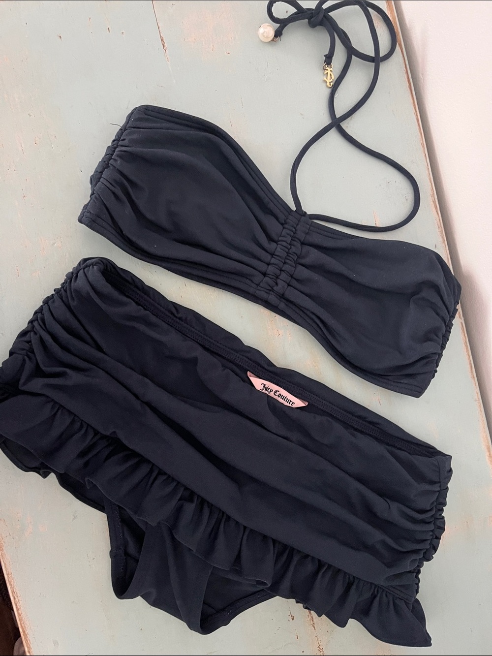 Juicy Couture Navy Ruffle Bandeau Bikini Small/Medium - Picture 2 of 15